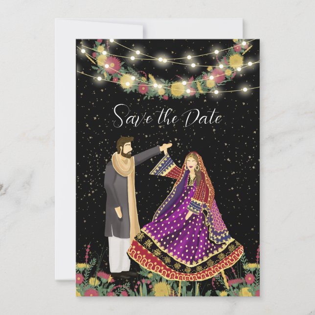 Afghan Wedding Couple Illustration Save The Date (Front)