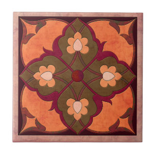 Afghani Pattern in Coral, Magenta and Olive Green Tile