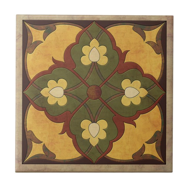 Afghani Pattern in Mustard, Russet and Olive Green Tile (Front)