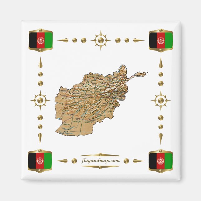 Afghanistan Map + Flags Magnet (Front)
