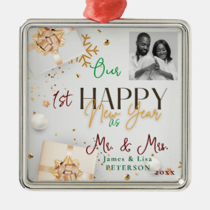 Afr. Amer. Our First Happy New Year as Mr. & Mrs. Metal Tree Decoration