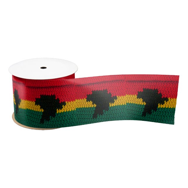Africa Black Red Gold Green Artisan Crochet Print Satin Ribbon (Spool)