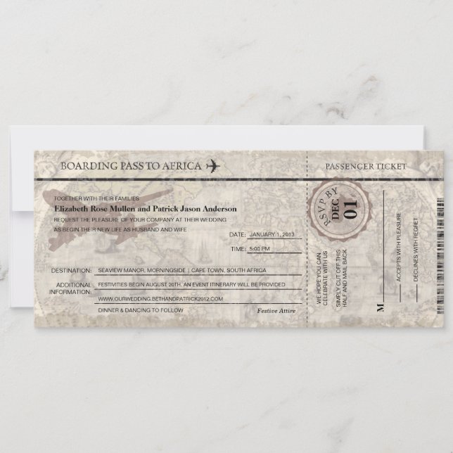 Africa Boarding Pass Wedding  Invitation (Front)