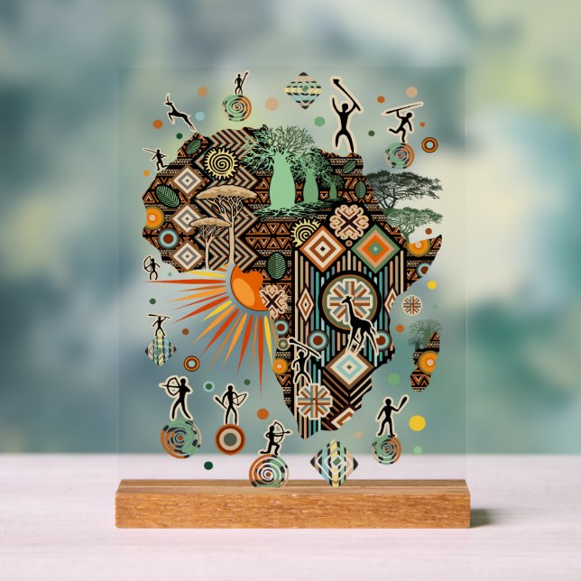 Africa Map Decorative Tribal Elements Pattern Acrylic Sign (Neutral)