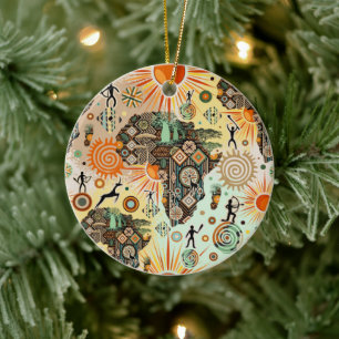 Africa Map Decorative Tribal Elements Pattern Ceramic Tree Decoration