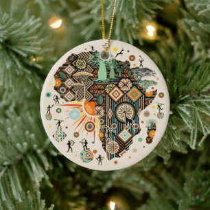 Africa Map Decorative Tribal Elements Pattern Ceramic Tree Decoration