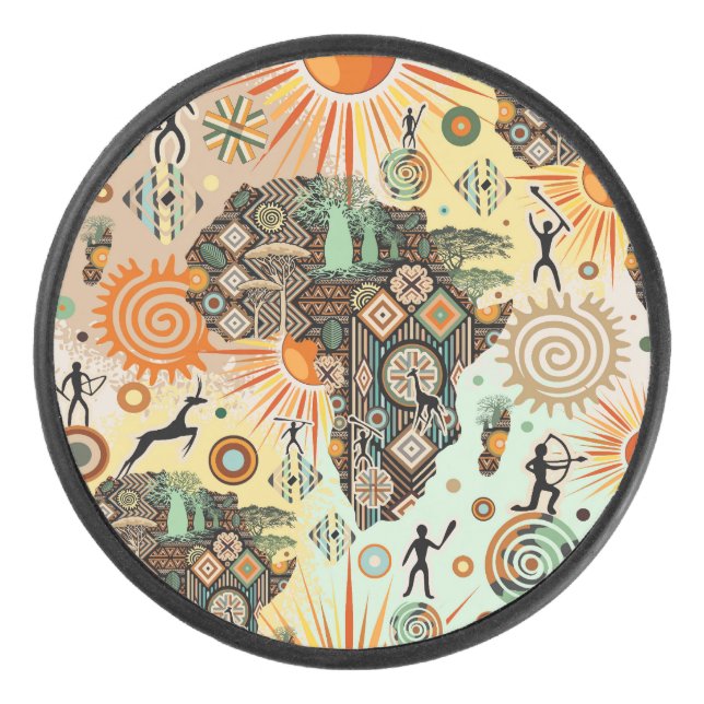 Africa Map Decorative Tribal Elements Pattern Hockey Puck (Front)