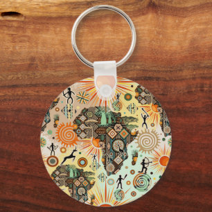 Africa Map Decorative Tribal Elements Pattern Key Ring
