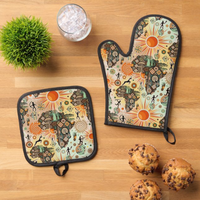 Africa Map Decorative Tribal Elements Pattern Oven Mitt & Pot Holder Set (Top Down)