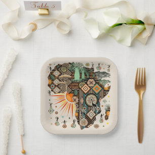 Africa Map Decorative Tribal Elements Pattern Paper Plate