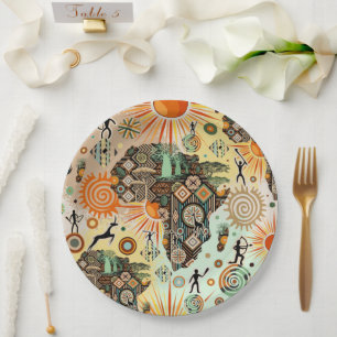 Africa Map Decorative Tribal Elements Pattern Paper Plate