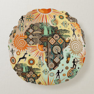 Africa Map Decorative Tribal Elements Pattern Round Cushion