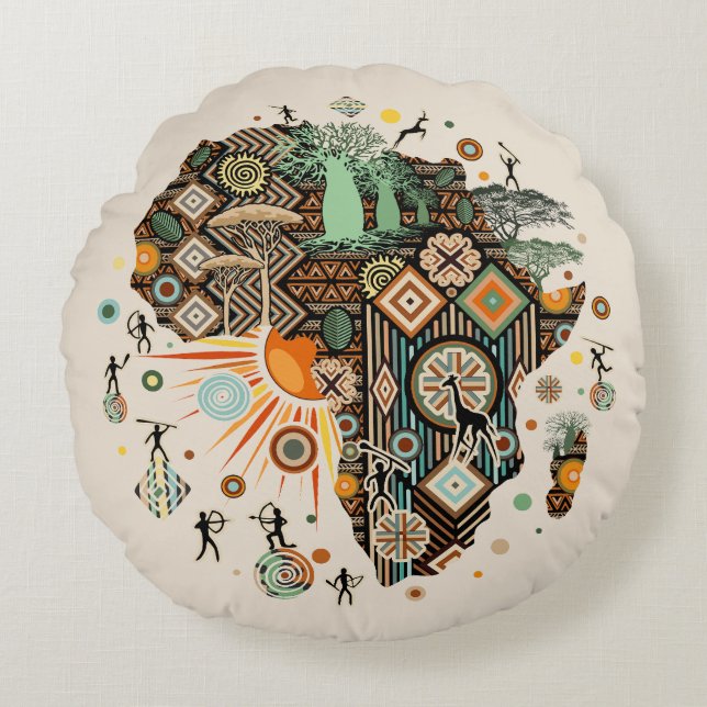 Africa Map Decorative Tribal Elements Pattern Round Cushion (Front)