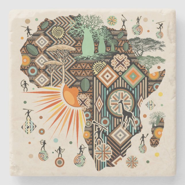 Africa Map Decorative Tribal Elements Pattern Stone Coaster (Front)