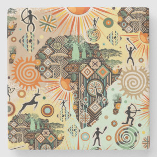 Africa Map Decorative Tribal Elements Pattern Stone Coaster