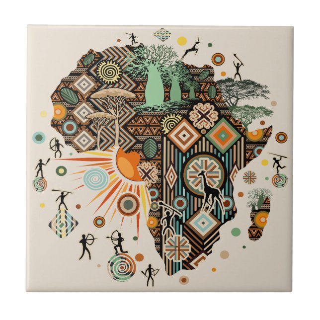 Africa Map Decorative Tribal Elements Pattern Tile (Front)
