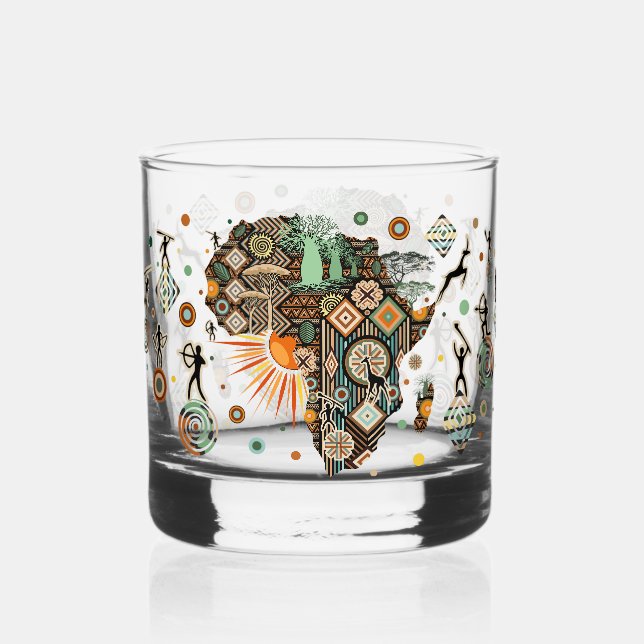 Africa Map Decorative Tribal Elements Pattern Whiskey Glass (Front)