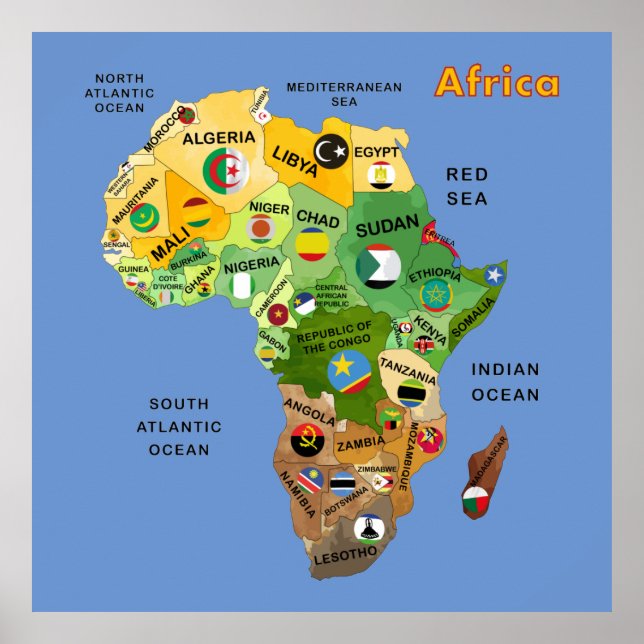 Africa Map with Flags Artwork Poster (Front)