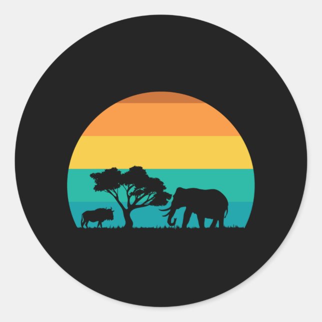Africa Sunset With Elephant And Gnu Retro Classic Round Sticker (Front)