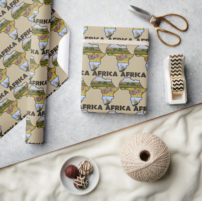 Africa Wildlife Map Black Text Wildlife Trio Wrapping Paper (Crafts)