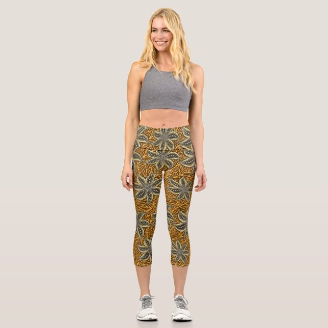 African Abstract Floral Batik Style Capri Leggings (Front)