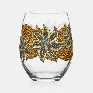 African Abstract Floral Batik Style Stemless Wine Glass