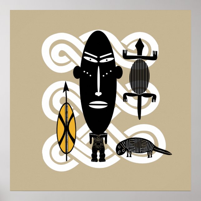 african abstract portrait shield spear afro art poster (Front)