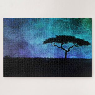 African Acacia Tree Landscape in Blue and Purple Jigsaw Puzzle