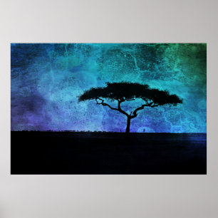 African Acacia Tree Landscape in Blue and Purple Poster
