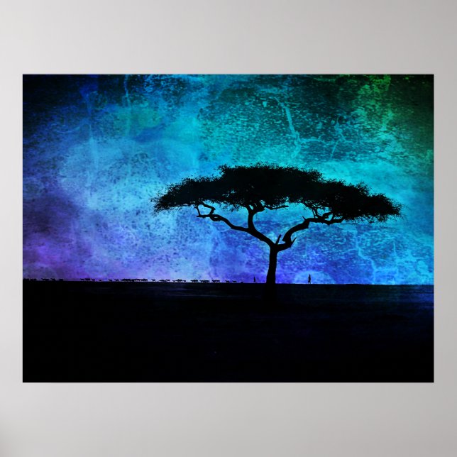 African Acacia Tree Landscape in Blue and Purple   Poster (Front)