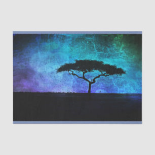 African Acacia Tree Landscape in Blue and Purple  Tissue Paper