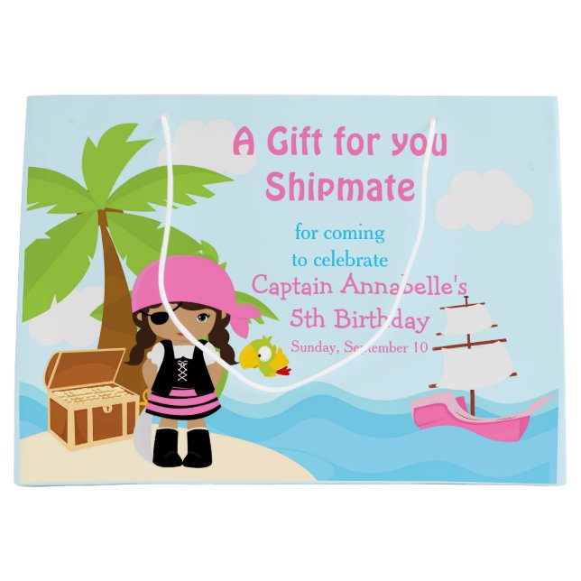 African America Pirate Girl in Pink Birthday Large Gift Bag (Front)