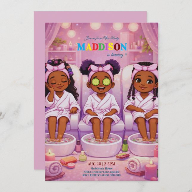 African American 3 Girls Spa party Birthday  Invitation (Front/Back)