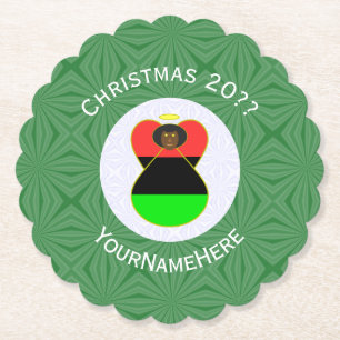 African American Angel Christmas Flag Personalised Paper Coaster