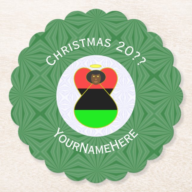 African American Angel Christmas Flag Personalised Paper Coaster (Front)