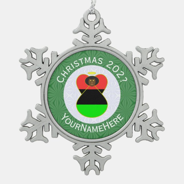 African American Angel Christmas Flag Personalised Snowflake Pewter Christmas Ornament (Front)