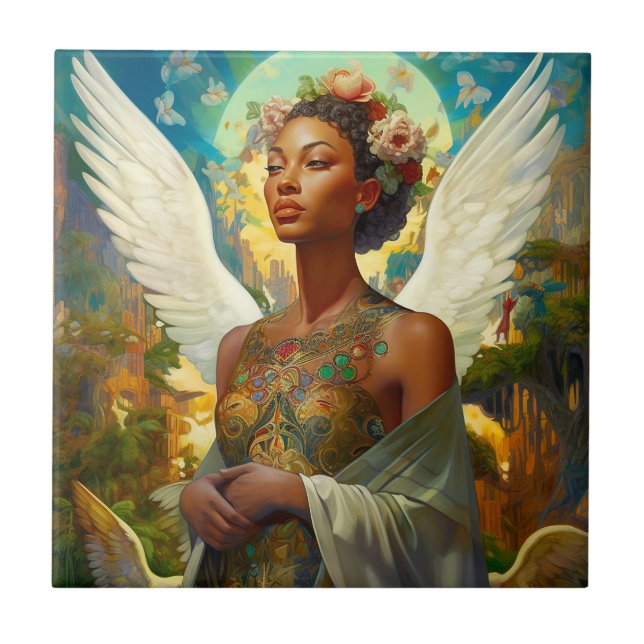 African American Angel Goddess Fantasy Art Tile (Front)