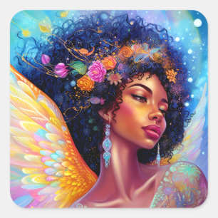 African American Angel Lady Fantasy Art Square Sticker