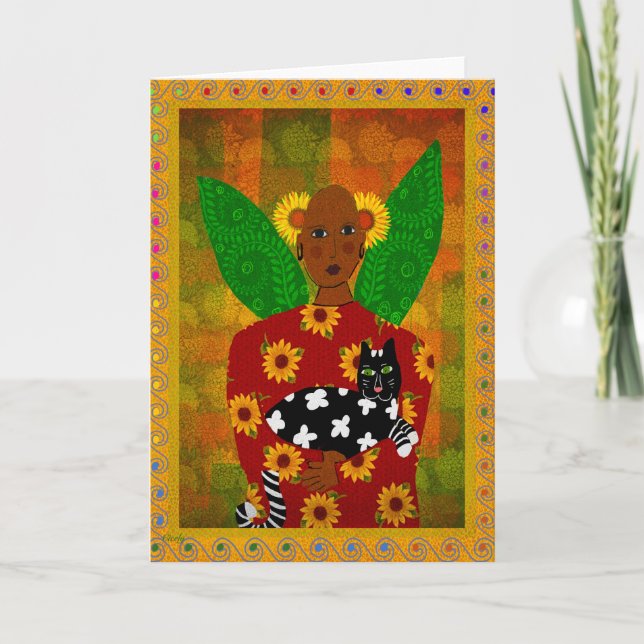 African American angel w/Cat and Sunflowers  Thank You Card (Front)