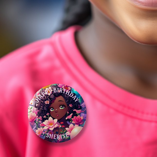 African-American Anime Birthday Girl Personalised  6 Cm Round Badge (Creator Uploaded)