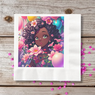 African-American Anime Girl Personalised Birthday Napkin