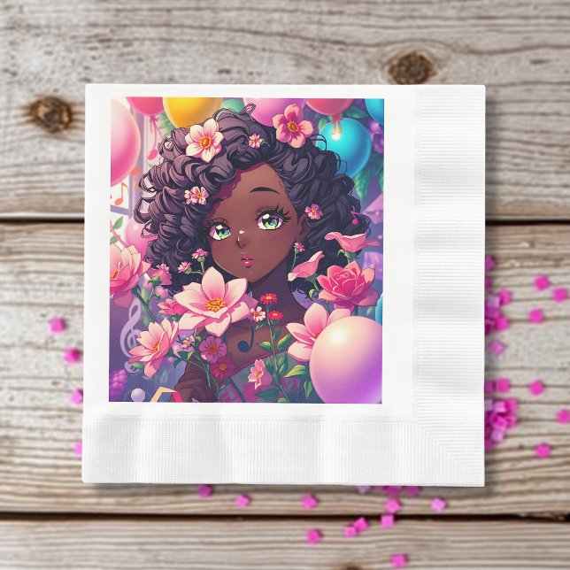 African-American Anime Girl Personalised Birthday Napkin (Creator Uploaded)