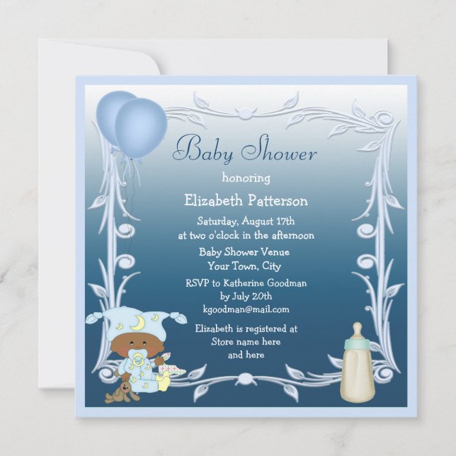 African American Baby & Balloons Blue Baby Shower Invitation (Front)