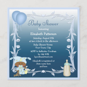 African American Baby & Balloons Blue Baby Shower Invitation