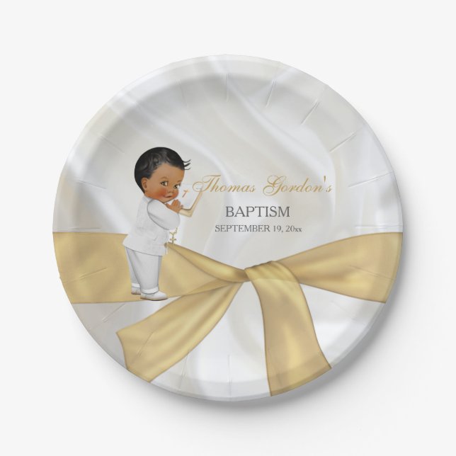 African American Baby Boy Baptism Christening Paper Plate (Front)