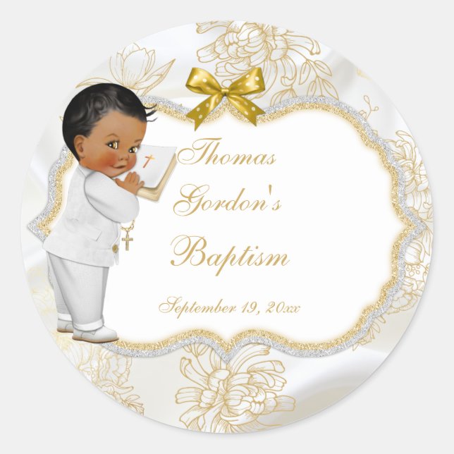 African American Baby Boy Baptism Gold Cross Classic Round Sticker (Front)