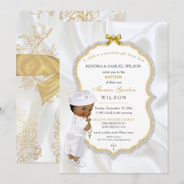 African American Baby Boy Baptism Gold Cross Invitation (Front/Back)