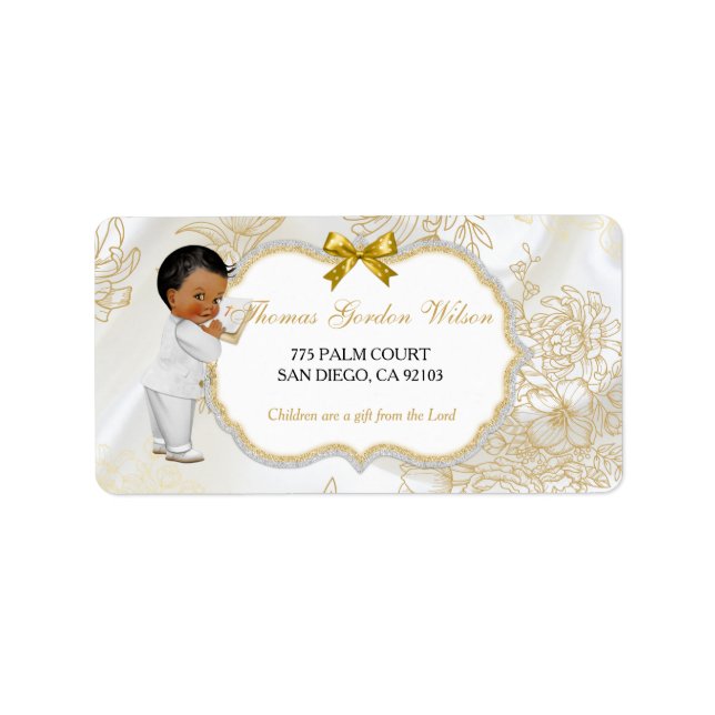 African American Baby Boy Baptism Gold White Label (Front)