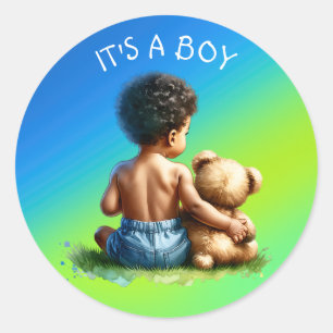 African-American Baby Boy with Teddy Baby Shower Classic Round Sticker