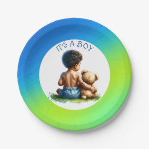 African-American Baby Boy with Teddy Baby Shower  Paper Plate
